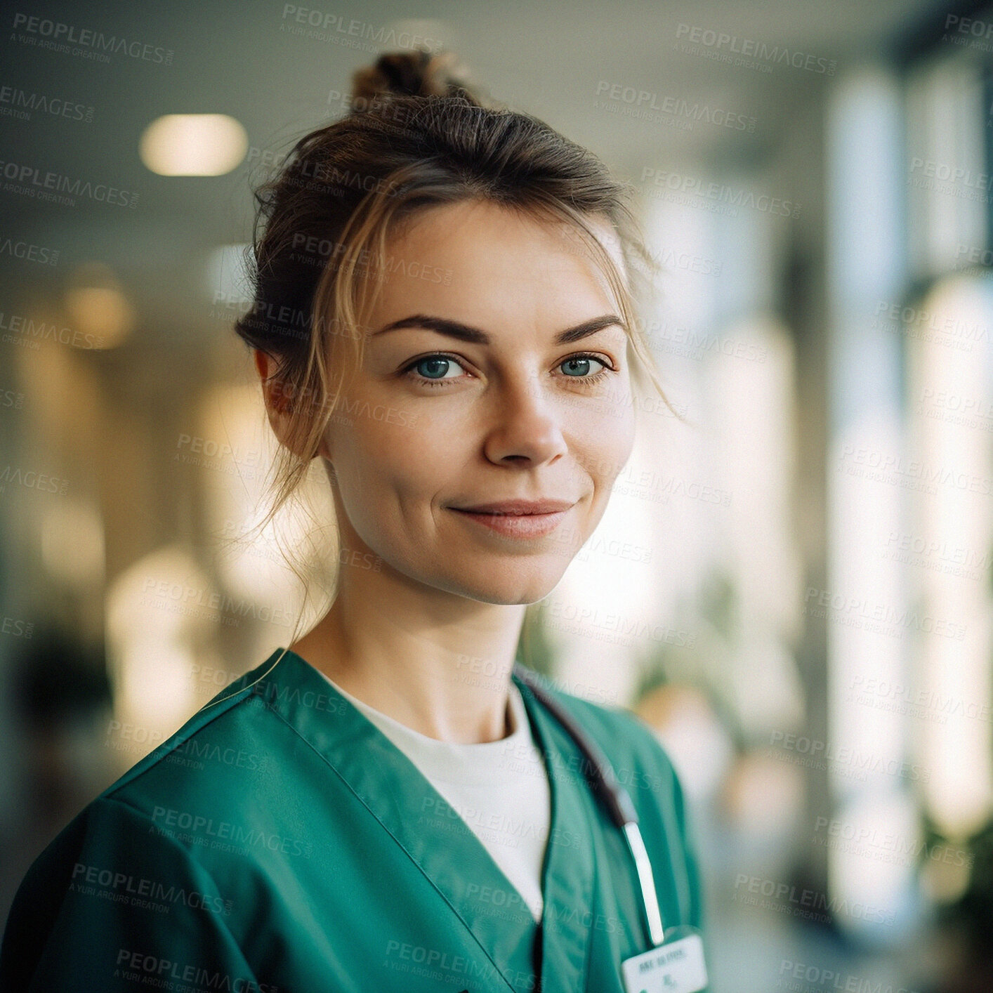 Buy stock photo Hospital, face portrait and happy with woman for healthcare nursing, professional commitment or clinic profile picture. Doctor, ai generated and medicine, nurse or caregiver for health rehabilitation