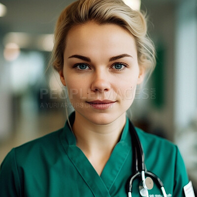 Buy stock photo Healthcare, portrait and hospital woman, surgeon or caregiver for health care, ai generated or profile picture. Career experience, wellness or face of nursing home nurse for rehabilitation support