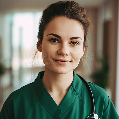 Buy stock photo Hospital, face portrait and happy woman, doctor or caregiver for healthcare nursing, ai generated or clinic profile picture. Career, trust and medical volunteer nurse for health rehabilitation