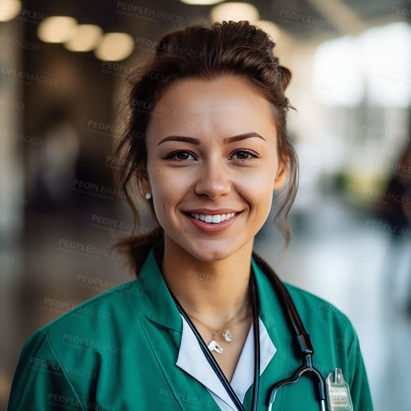 Buy stock photo Happy clinic nurse, portrait and woman for healthcare, hospital services or nursing experience pride. Face, ai generated  with profile picture or medical doctor for professional, support or work