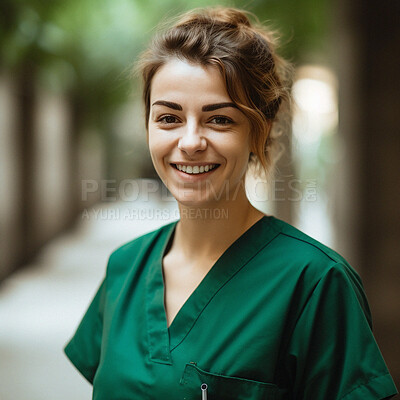 Buy stock photo Nurse, corridor and portrait of healthcare worker or physician with smile for outdoor medical health at work. Medicine, wellness and confident woman employee happy and proud at hospital or clinic