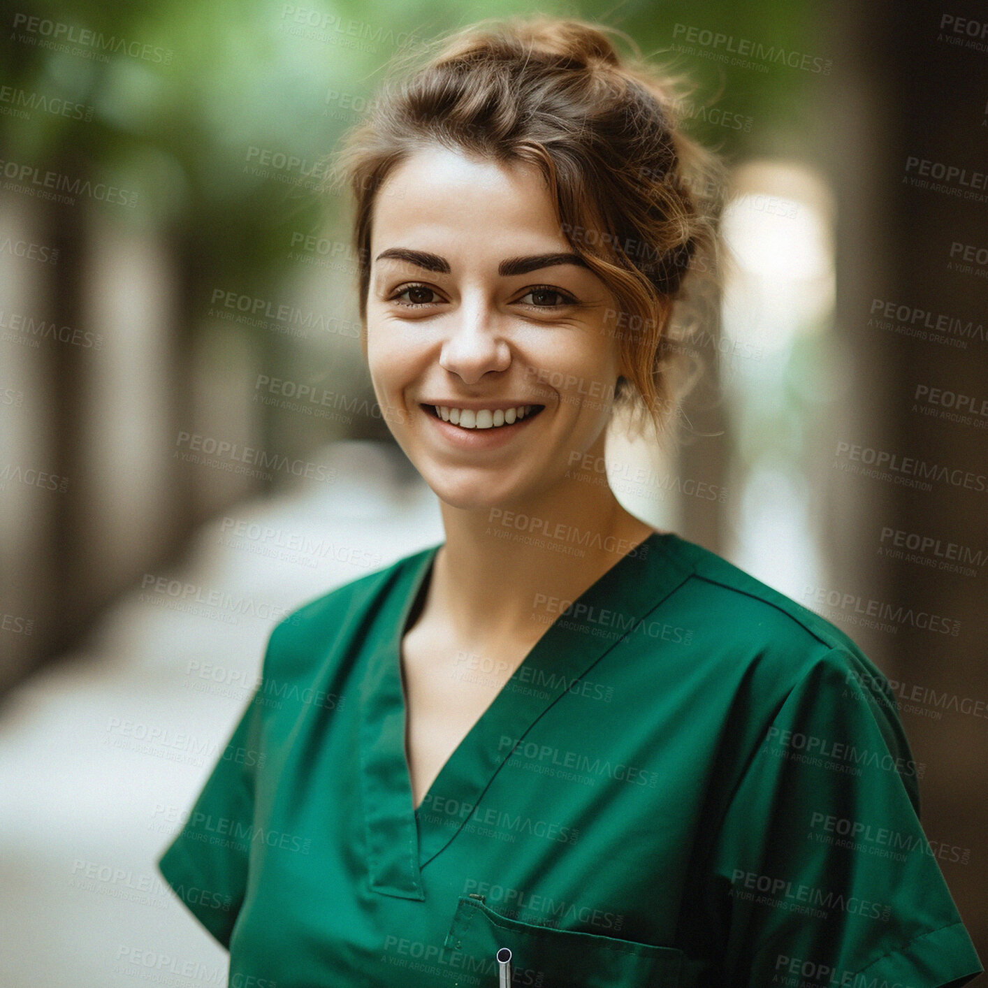 Buy stock photo Nurse, corridor and portrait of healthcare worker or physician with smile for outdoor medical health at work. Medicine, wellness and confident woman employee happy and proud at hospital or clinic