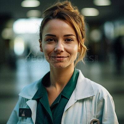 Buy stock photo Healthcare, smile and portrait of woman doctor in a hospital for consultation or checkup. Career, ai generated and female emt or medical worker standing with confidence in a medicare clinic or center