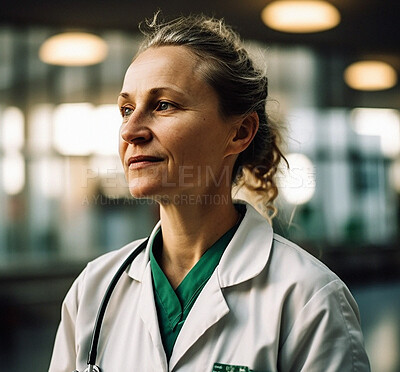 Buy stock photo Doctor, woman and thinking at hospital, night and vision for career growth, wellness and memory. AI generated medic, mature nurse and ideas for problem solving, innovation or solution in healthcare