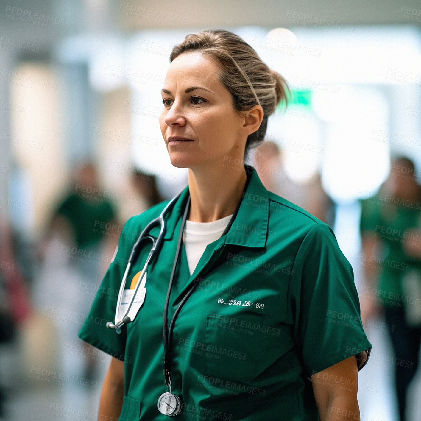 Buy stock photo Medical, professional and mature woman doctor in a hospital for consultation or checkup. Career, ambulance and female emt or healthcare worker standing with confidence in a medicare clinic or center.