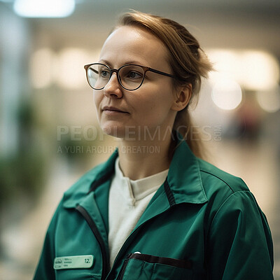 Buy stock photo Healthcare, medical and mature woman doctor in a hospital for consultation or checkup. Career, ambulance and professional female emt worker standing with confidence in a medicare clinic or center.