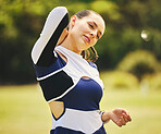 Cheerleader, fitness injury and woman neck pain from sport, training and cheer exercise on a grass field. Health, accident and muscle tension outdoor with emergency and workout challenge for wellness