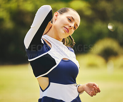 Buy stock photo Cheerleader, fitness injury and woman neck pain from sport, training and cheer exercise on a grass field. Health, accident and muscle tension outdoor with emergency and workout challenge for wellness