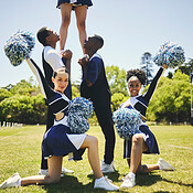 Cheerleader team, portrait and people in formation, dance and ...