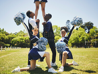 Buy stock photo Cheerleader team, portrait and people in formation, dance and performance on field outdoor for exercise, training or workout. Happy cheerleading group at event, sport competition and game for support