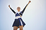Woman, cheerleader and smile for fitness training in outdoors, workout and performance or trick.Happy female person, cheer and sports and isolated by background in uniform to encourage and support