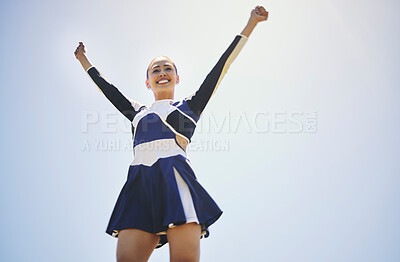 Buy stock photo Woman, cheerleader and smile for fitness training outdoor, workout and performance on sky mockup. Happy female person, cheer and sports and celebrate or motivation in uniform to encourage and support