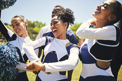 Buy stock photo Cheerleaders, field and team with celebration, game and winner with happiness, motivation and smile. Women, men and group cheering, outdoor or chanting with sports, champion with support and excited