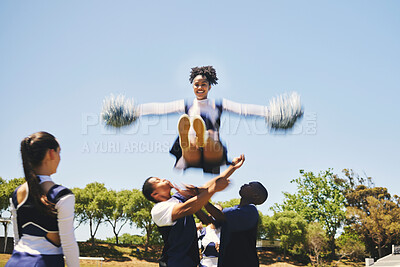 Buy stock photo Teamwork, air or cheerleader training in fitness workout, exercise or learning a jump routine on field. Catch, dance or sports woman in group for motivation, inspiration or support on college campus