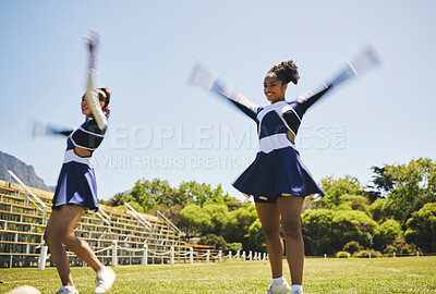 Buy stock photo Dance, cheerleading and women on a field for training, teamwork and a performance for a game. Cheerleader, happy and a team with a routine, sports or motivation for an event on school grass together