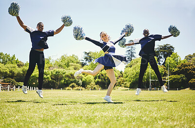 Buy stock photo Cheerleader group portrait, smile and people jump, dance and performance on field outdoor for exercise, workout or training. Happy, cheerleading team and support at event, sport competition or energy
