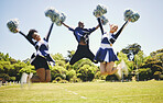 Cheerleader team, smile and people jump for performance on field outdoor in training, celebration or exercise. Happy, cheerleading group and energy for support at event, sport competition and blur