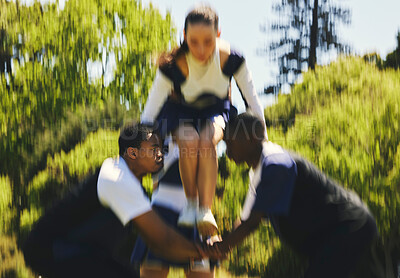 Buy stock photo Teamwork, lift or girl cheerleader training in fitness workout, exercise or learning routine on field. Jump, blur or sports woman in group for motivation, inspiration or support on college campus