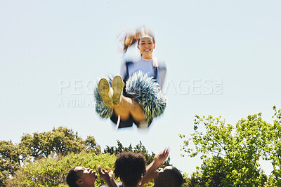 Buy stock photo Fitness, energy and woman cheerleader on a field for motivation or support practice with team. Sports, cheerleading and female athlete training in air and dance with blur motion at competition.