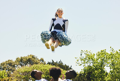 Buy stock photo Sports, portrait and woman cheerleader in air on a field for motivation or support practice with team. Fitness, cheerleading and female athlete training for skill and dance with blur at competition.