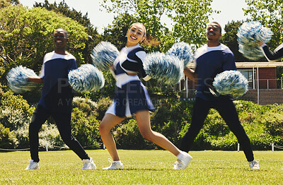 Buy stock photo Cheerleader team, blur and portrait of people in dance performance on field outdoor for exercise, formation or training. Smile, cheerleading group and support at event, sport competition and energy