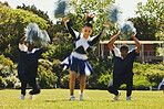 Cheerleader, dancing on field and college in happiness with energy in sport, event or football. Woman, men and diversity with teamwork, training and pompoms at university, performance and competition