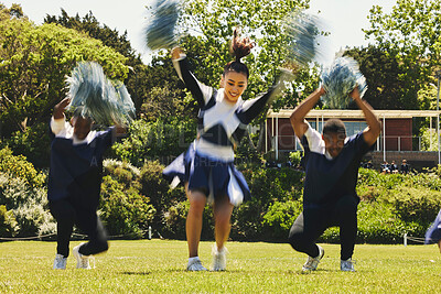 Buy stock photo Cheerleader, dancing on field and college in happiness with energy in sport, event or game. Woman, men and diversity with teamwork, training and pompoms at university, performance and competition