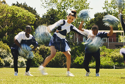 Buy stock photo Cheerleader team, blur and people dance in performance on field outdoor for exercise, training and healthy body. Smile, cheer group and support at event, sports competition and workout with energy