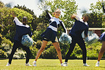 Portrait, teamwork and a cheerleader group of young people outdoor for a training routine or sports event. Smile, support and motion blur with a happy cheer squad on a field together for support
