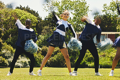 Buy stock photo Portrait, teamwork and a cheerleader group of young people outdoor for a training routine or sports event. Smile, support and motion blur with a happy cheer squad on a field together for support