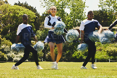 Buy stock photo Portrait, motivation and a cheerleader team of young people outdoor for a training routine or sports event. Smile, fitness and diversity with a happy cheer squad group on a field together for support