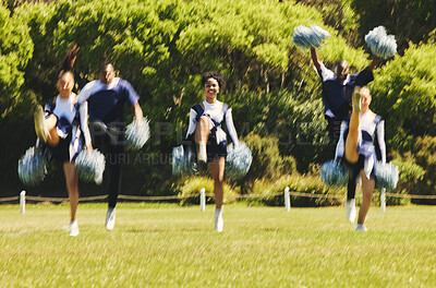 Buy stock photo Motion blur, support and a cheerleader group of young people outdoor for a training routine or sports event. Energy, teamwork and diversity with a happy cheer squad on a field together for motivation