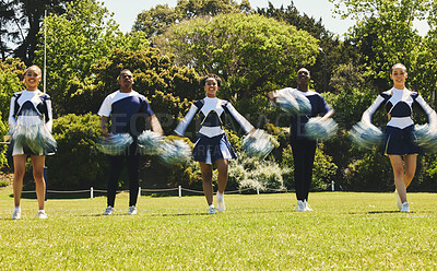 Buy stock photo Motion blur, energy and a cheerleader group of young people outdoor for a training routine or sports event. Motivation, teamwork and diversity with a happy cheer squad on a field together for support