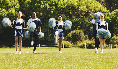 Buy stock photo Motion blur, motivation and a cheerleader group of young people outdoor for a training routine or sports event. Smile, teamwork and diversity with a happy cheer squad on a field together for support