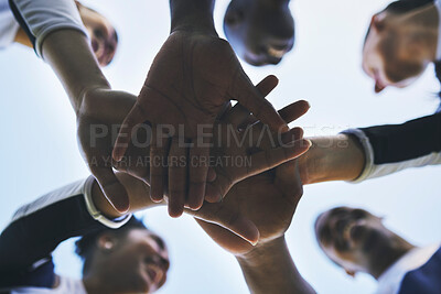 Buy stock photo Cheerleader, hands or people in huddle for motivation with support, hope or goal in game on field. Teamwork, low angle or group of sports athletes cheerleaders with pride, plan or solidarity together