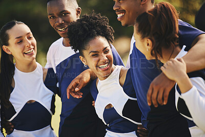 Buy stock photo Sports team, hug or happy cheerleaders with support outdoor training or event and game together on field. Diversity people, smile or proud friends or excited squad, winning celebration and fitness 