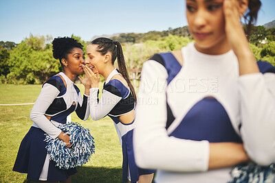 Buy stock photo Bullying, cheerleading and friends with gossip about girl, talking behind back and secret. School, psychology and students speaking about teenager with rumor, problem or conversation as cheerleaders