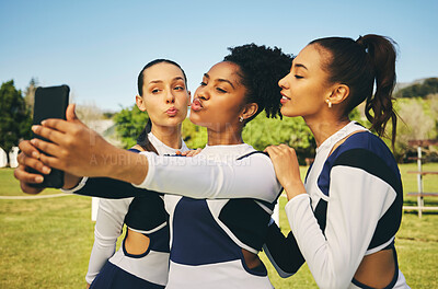 Buy stock photo Field, women or cheerleaders in team selfie at a game with support in sports training, exercise or fitness workout. Female athletes, teamwork or young people in a social media picture or group photo