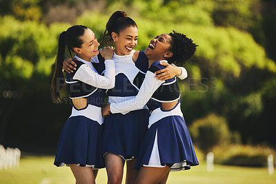 Buy stock photo Teamwork, hug or happy cheerleader with women outdoor in training or sports event together. Celebrate, smile or proud friends or excited cheer squad group on field for support, winning or fitness 