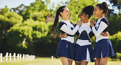 Buy stock photo Group, hug or happy cheerleader with women outdoor in training or sports event together. Teamwork, smile or proud girl by an excited cheer squad on field for support, winning celebration or fitness