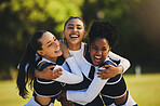 Teamwork, hug or portrait of cheerleader with people outdoor in training or sports event together. Celebrate, smile or proud girl by a happy cheer squad group on field for support, winning or fitness