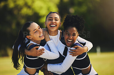 Buy stock photo Teamwork, hug or portrait of cheerleader with people outdoor in training or sports event together. Celebrate, smile or proud girl by a happy cheer squad group on field for support, winning or fitness