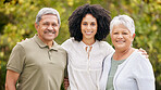 Portrait, happy woman and senior parents at park on holiday, vacation or travel outdoor. Face, daughter and elderly mother and father bonding together at garden for family connection, smile and love