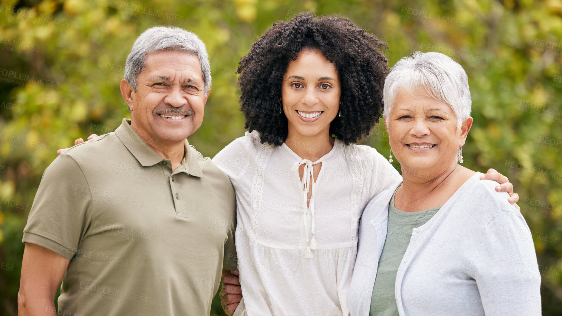 Buy stock photo Portrait, happy woman and senior parents at park on holiday, vacation or travel outdoor. Face, daughter and elderly mother and father bonding together at garden for family connection, smile and love