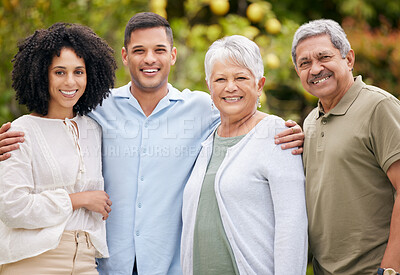 Buy stock photo Happy family, portrait and people with support outdoor in nature for happiness, bonding and care with love. Holiday, men or women or parents with children in garden of home in summer for peace or joy