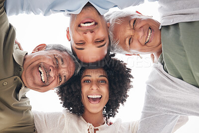 Buy stock photo Excited, portrait and a family with a huddle in nature for summer, bonding and fun together. Low, laughing and senior parents with a young man and woman with love, care and community at the beach