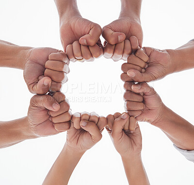 Buy stock photo Group of people, fist bump and circle outdoor for trust, team building, support and unity with sky view. Hands, men and women on mockup space for community, motivation or connection with solidarity
