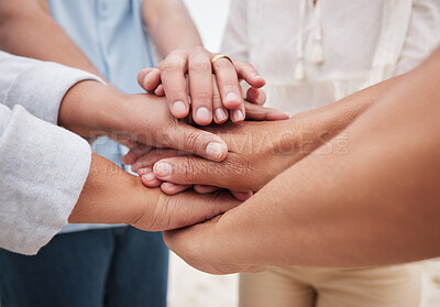 Buy stock photo Family, people or hands together outdoor for team building, support or unity for diversity. Group, men or women with hand stack in nature for community, motivation or connection with teamwork sign
