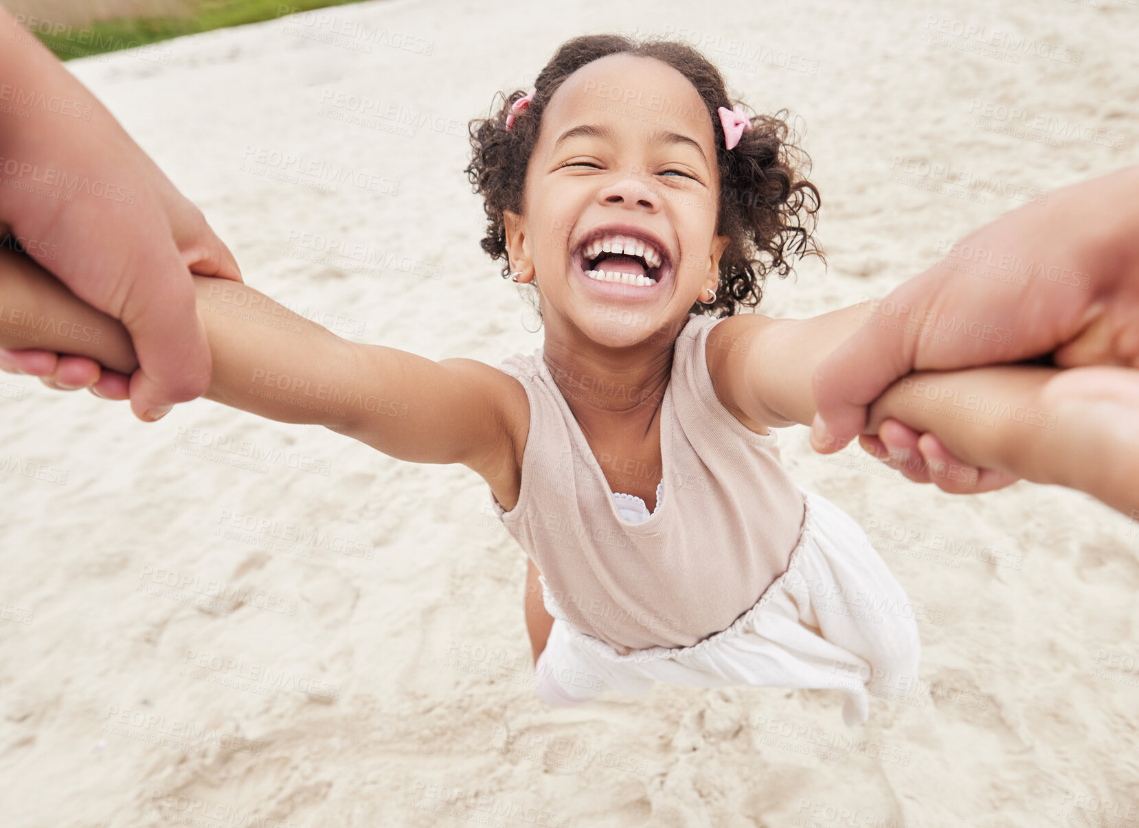 Buy stock photo POV, parent spinning child in park and playing, laughing and spending family time together with smile. Summer weekend, hands of person and girl having fun in nature with happiness, love and support.