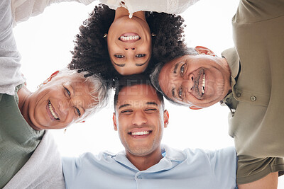 Buy stock photo Happy, portrait and a family with a huddle in nature for summer, bonding and fun together. Low, support and senior parents with a young man and woman with love, care and community at the beach